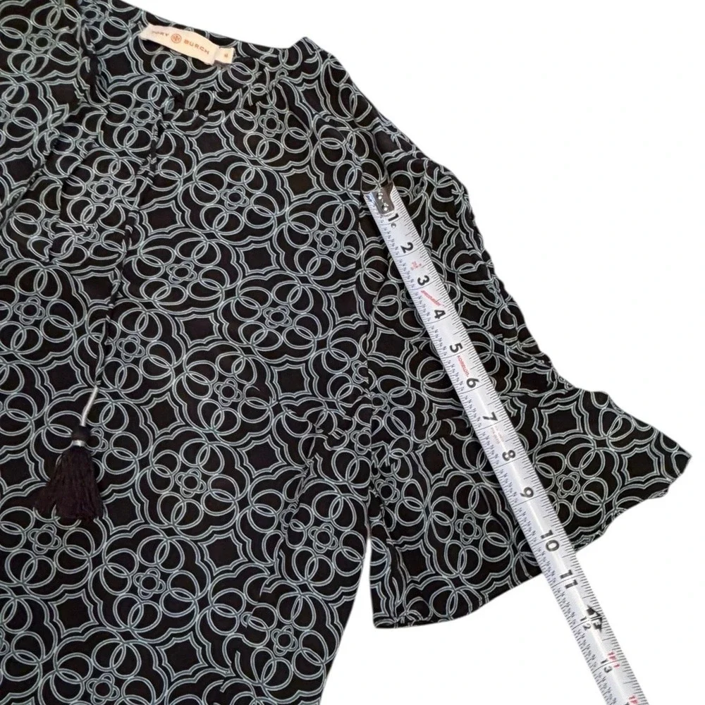 Tory Burch 100% Silk Blouse Top Size 14 Geometric Printed Tassel Tie Boho‎ Chic